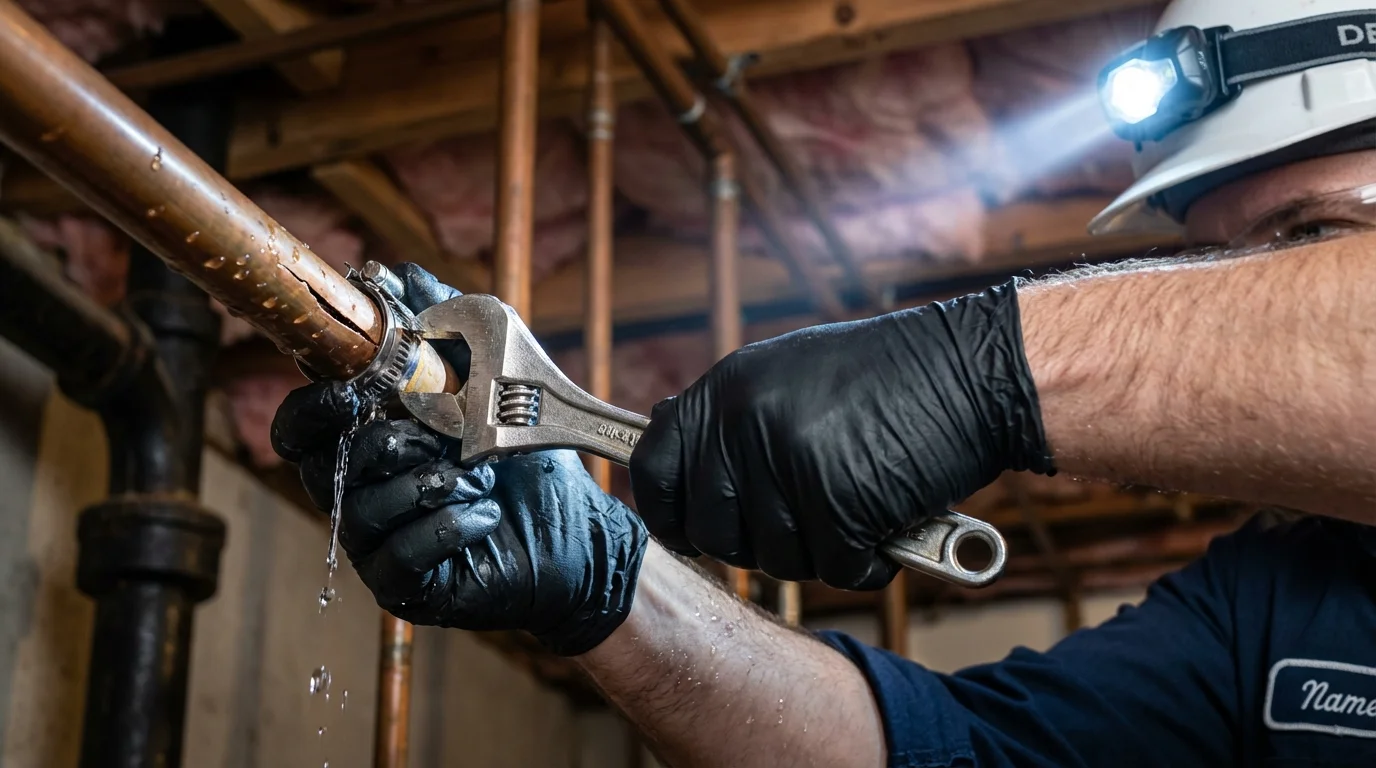 Emergency pipe clamp repair being performed by a Johns Plumbing LLC plumber in Whitewright
