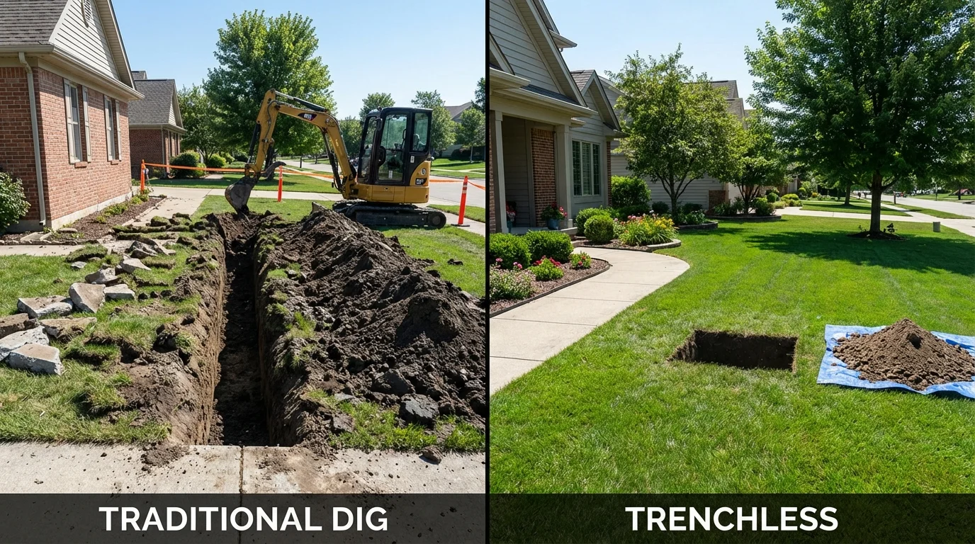 Trenchless sewer repair with minimal yard damage versus traditional excavation in Whitewright, TX